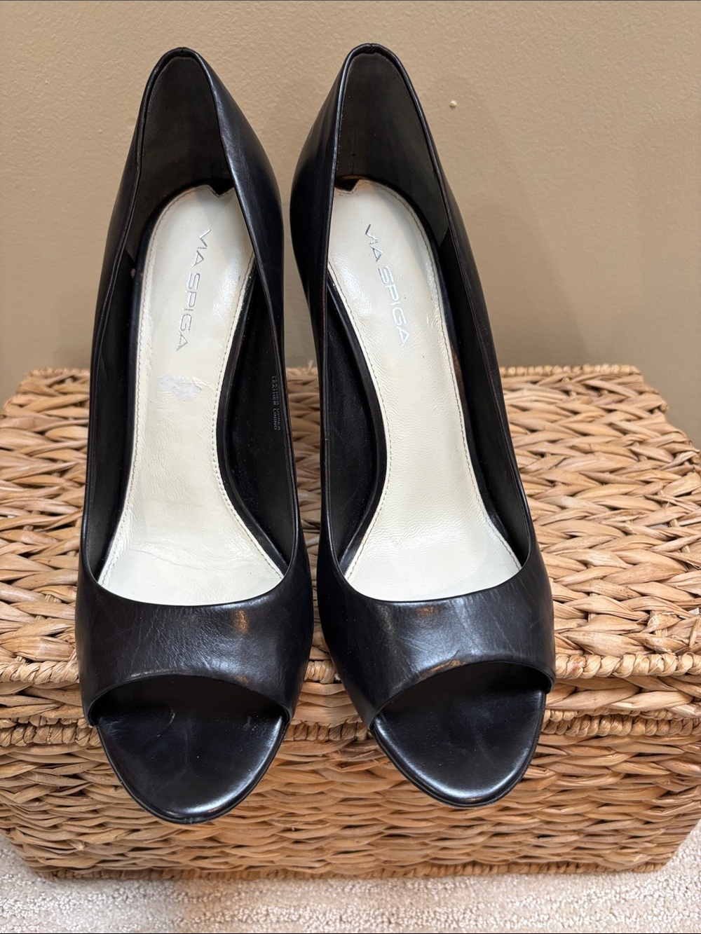 Via Spiga Black Leather Peep-Toe Pumps Size 10 EUC